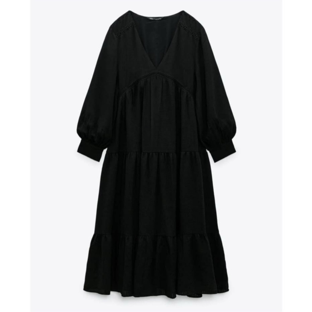 Zara Black Maxi Dress with V-Neck and Balloon Sleeves